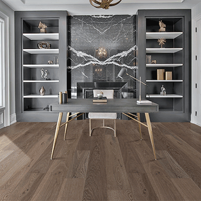 dark wide plank hardwood flooring in modern monochromatic home office