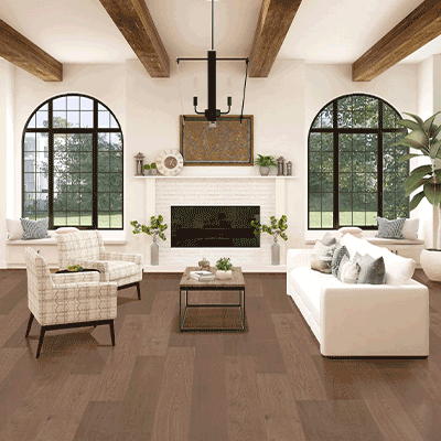 wide-plank hardwood flooring in modern farmhouse inspired living room